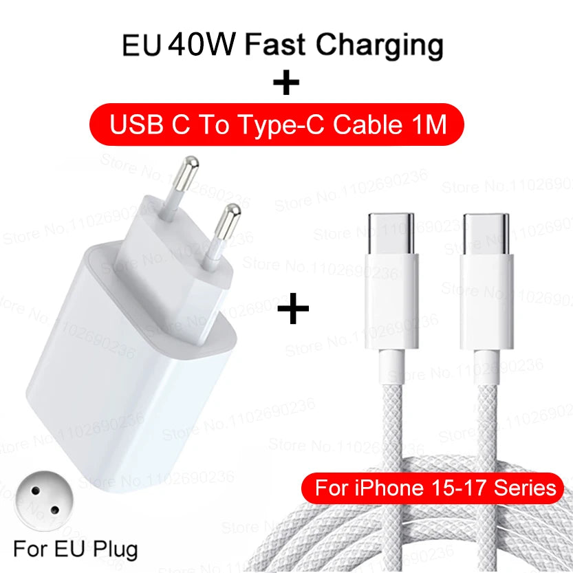 For iPhone 40W PD Phone Charger For iPhone 11 12 13 14 15 16 17 Pro Max 16 Plus 17 Air iPad Fast Charging Type C Cable Charger