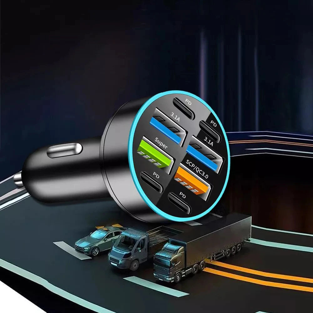 100W Super Fast 4-Port Car Charger for Mobile Phone High-Speed Vehicle Charging Station with Multiple Devices Charging Capacity