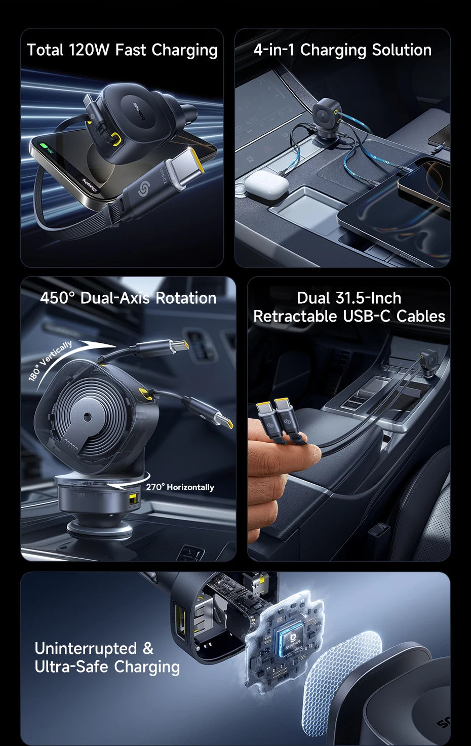 Baseus Car Charger 60W 100W 30W 240W 4 ports Built in Dual Retractable Cable PD Fast Charging USB Type-C Car Phone Charger