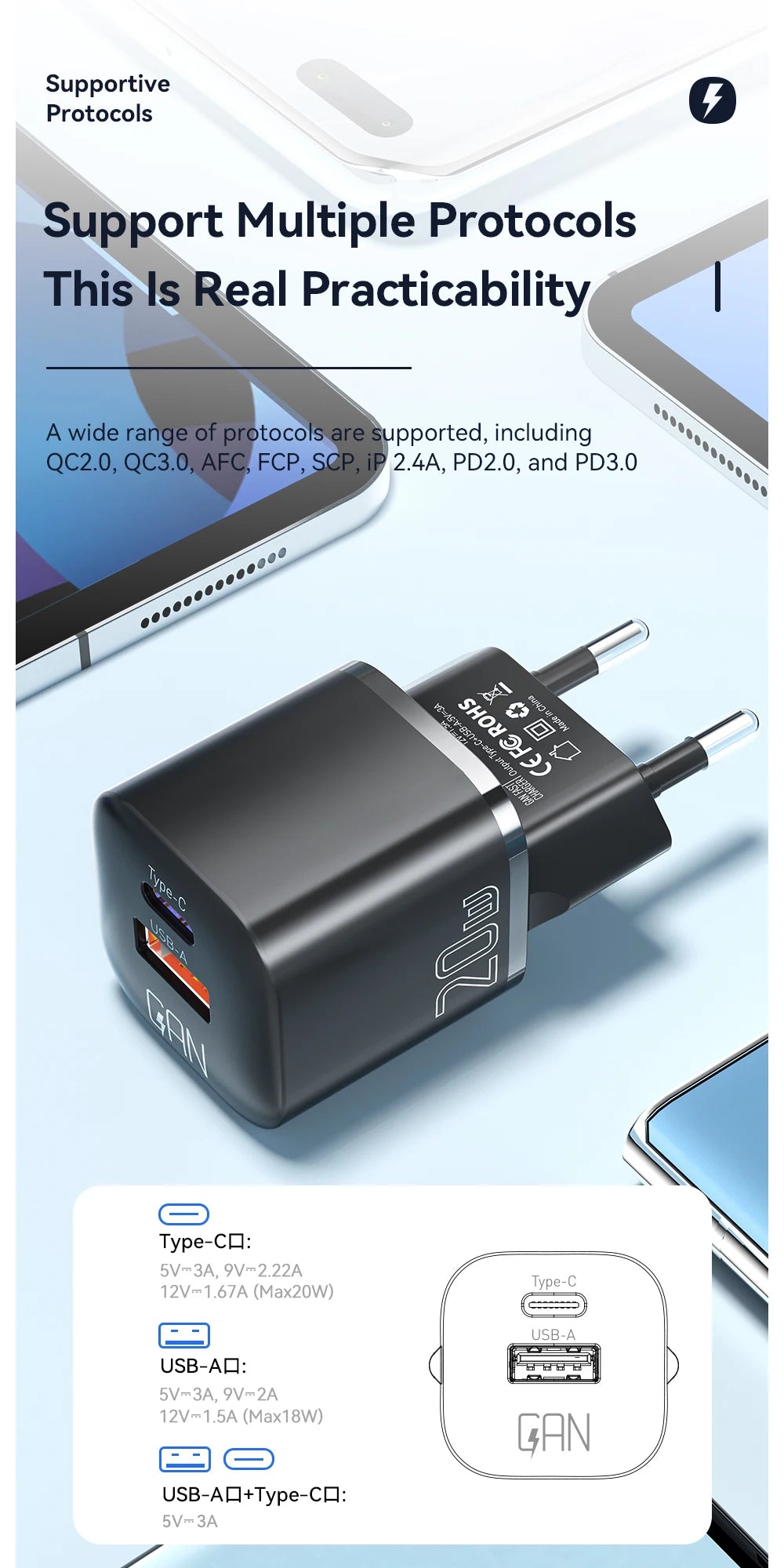 Essager 20W GaN PD USB C Charger for iPhone 14 13 12 11 Pro Max Phone QC 3.0 PD 3.0 USB Type C Fast Charging for Xiaomi pocoiPad