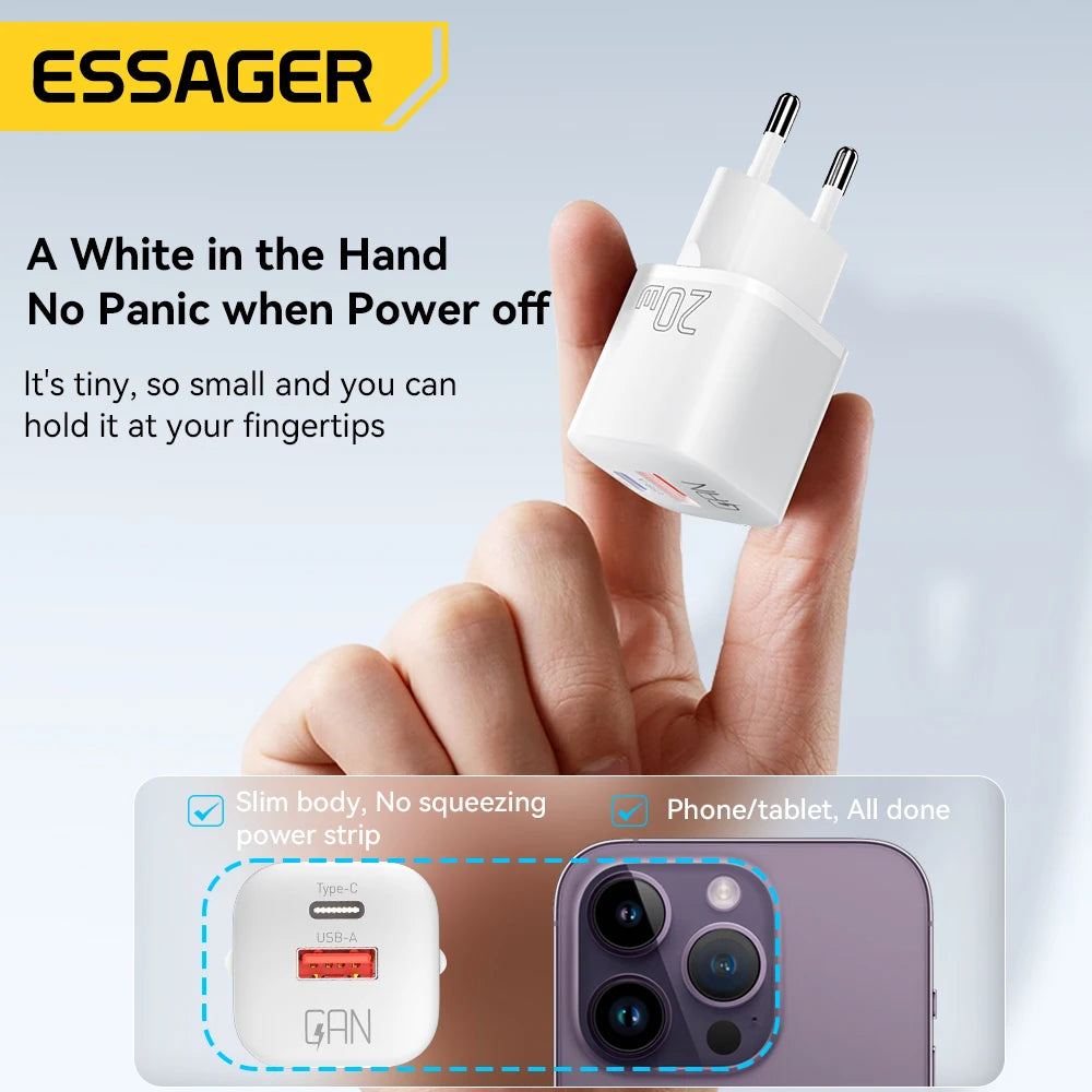 Essager 20W GaN PD USB C Charger for iPhone 14 13 12 11 Pro Max Phone QC 3.0 PD 3.0 USB Type C Fast Charging for Xiaomi pocoiPad