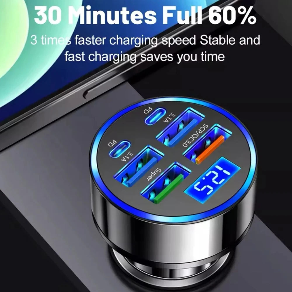 100W Super Fast 4-Port Car Charger for Mobile Phone High-Speed Vehicle Charging Station with Multiple Devices Charging Capacity