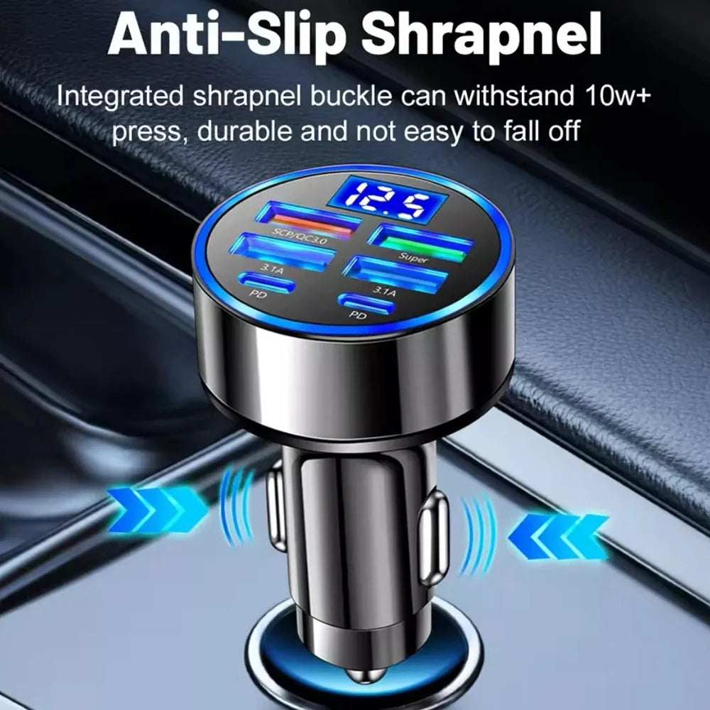 100W Super Fast 4-Port Car Charger for Mobile Phone High-Speed Vehicle Charging Station with Multiple Devices Charging Capacity