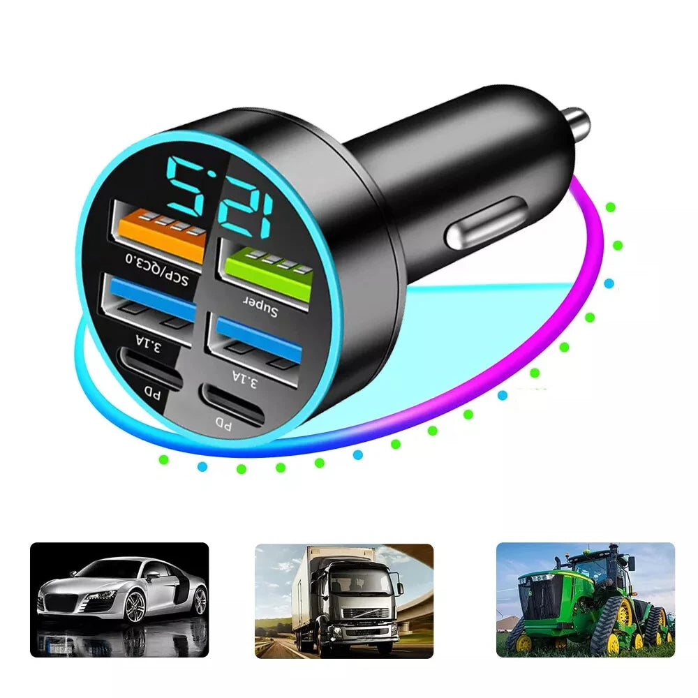 100W Super Fast 4-Port Car Charger for Mobile Phone High-Speed Vehicle Charging Station with Multiple Devices Charging Capacity