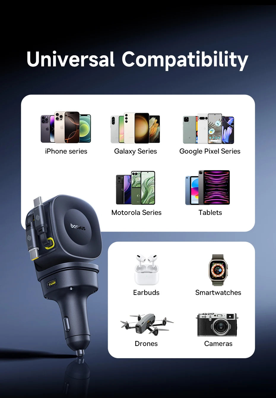 Baseus Car Charger 60W 100W 30W 240W 4 ports Built in Dual Retractable Cable PD Fast Charging USB Type-C Car Phone Charger