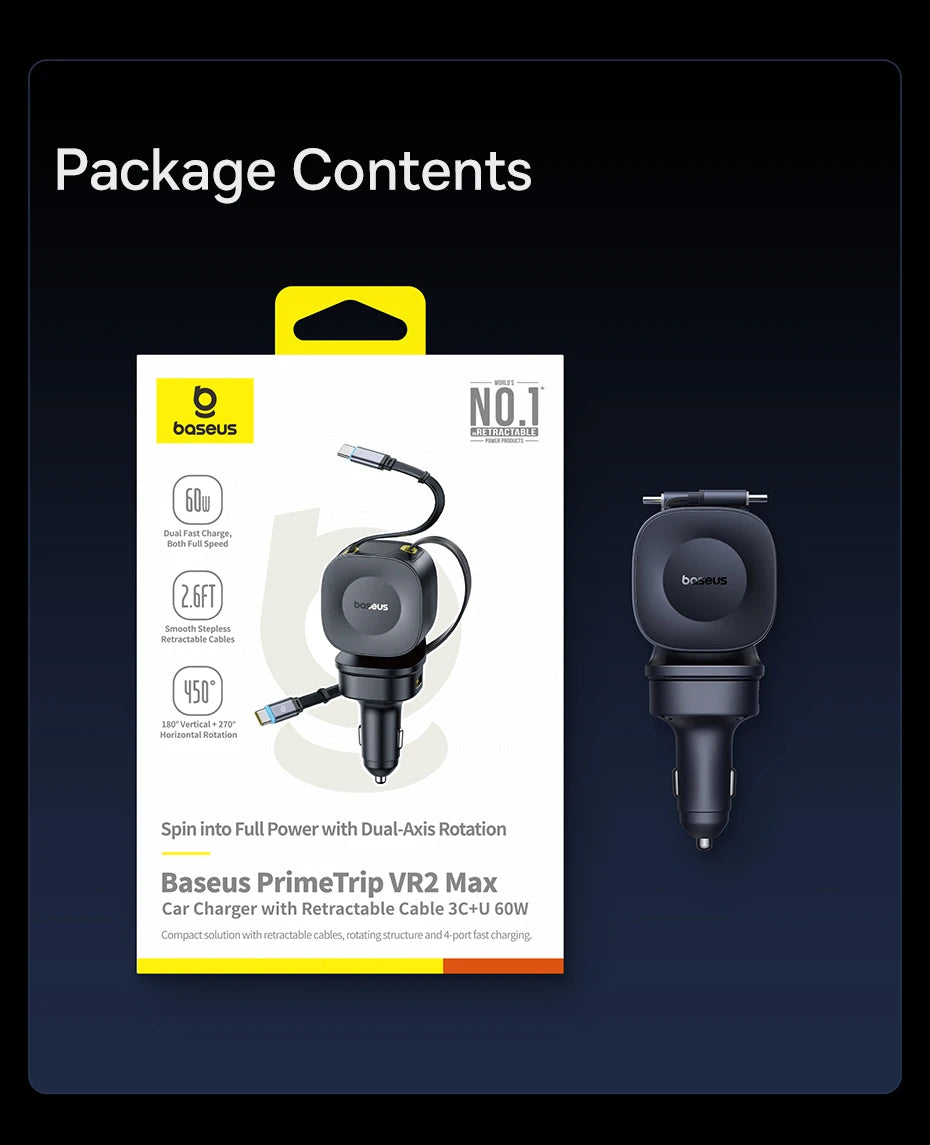 Baseus Car Charger 60W 100W 30W 240W 4 ports Built in Dual Retractable Cable PD Fast Charging USB Type-C Car Phone Charger