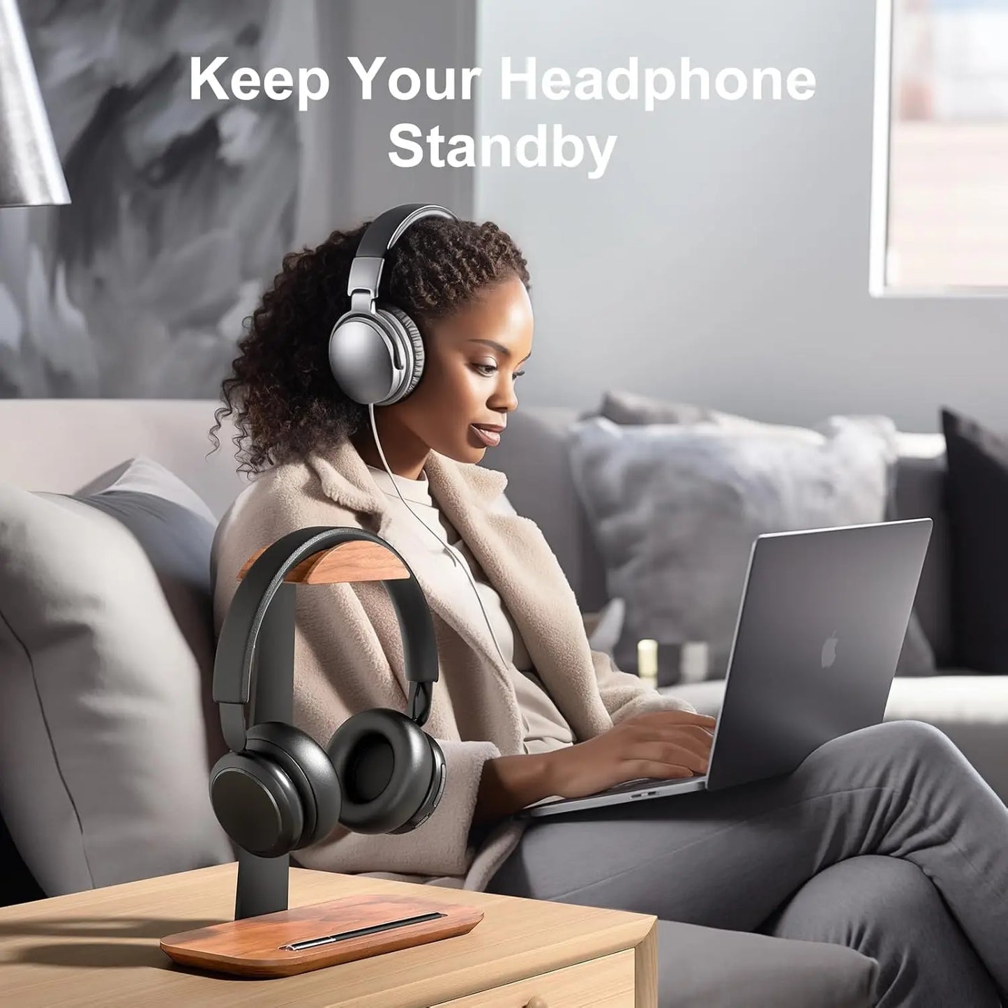 Headphone Stand, Wood Headset Stand for Desk, Universal Headphone Holder with Storage Base for Gaming, Airpod max, Bose,Razer