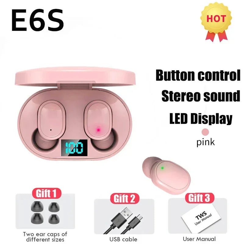 E6S wireless Bluetooth headphones with microphone noise cancellation LED display battery level music and sports headphones
