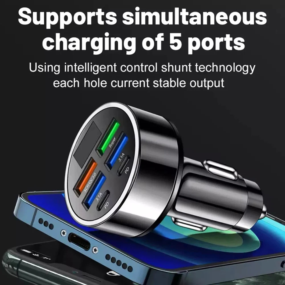 100W Super Fast 4-Port Car Charger for Mobile Phone High-Speed Vehicle Charging Station with Multiple Devices Charging Capacity