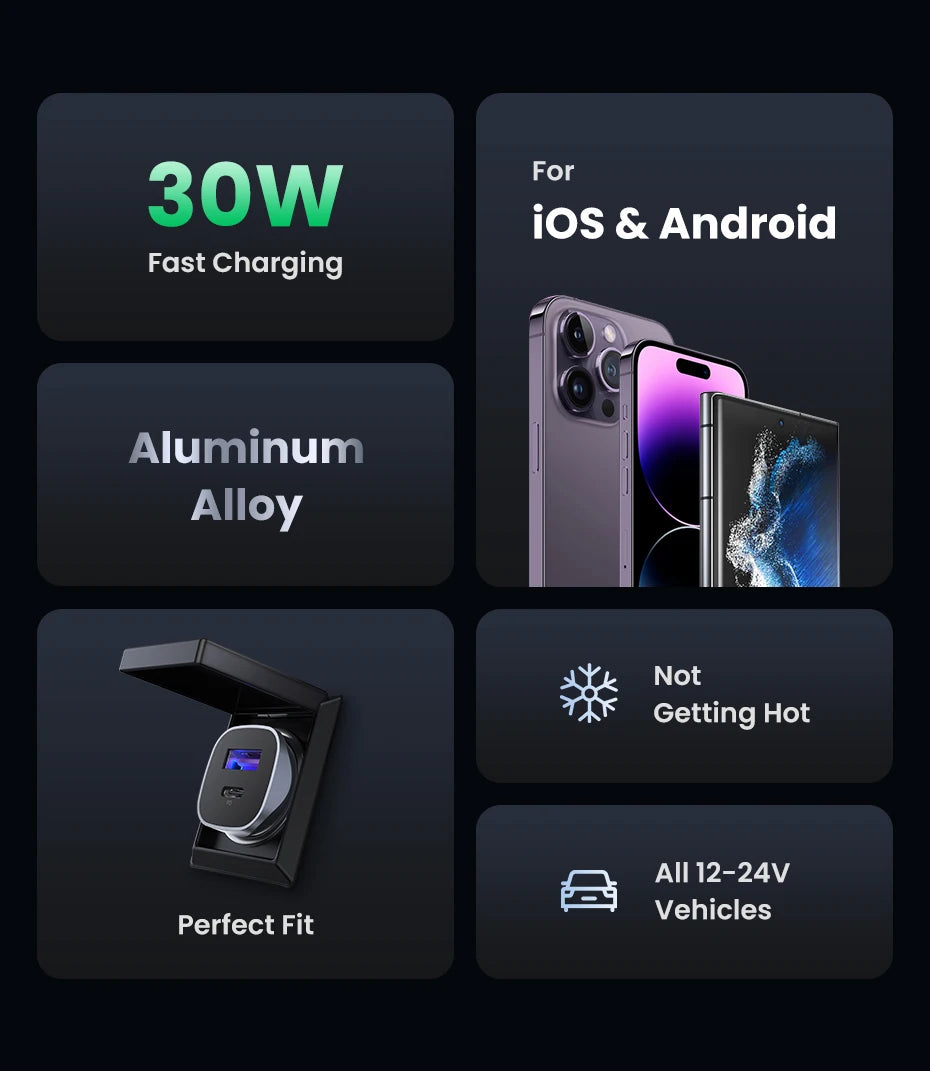 UGREEN Car Charger Type C Fast USB Charger for iPhone 17 16 15 Xiaomi Car Charging Quick 4.0 3.0 Charge Mobile Phone PD Charger