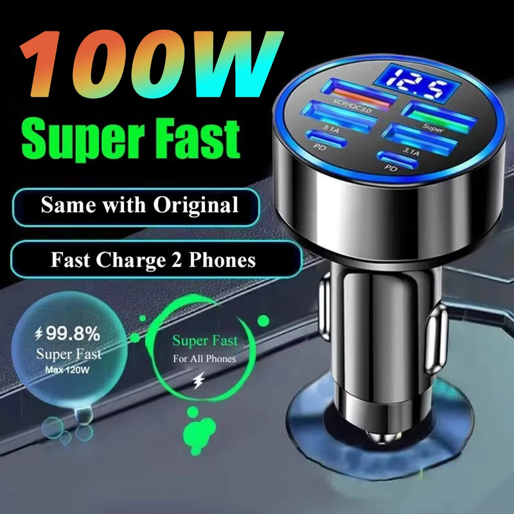 100W Super Fast 4-Port Car Charger for Mobile Phone High-Speed Vehicle Charging Station with Multiple Devices Charging Capacity