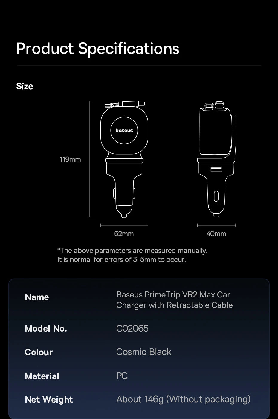 Baseus Car Charger 60W 100W 30W 240W 4 ports Built in Dual Retractable Cable PD Fast Charging USB Type-C Car Phone Charger