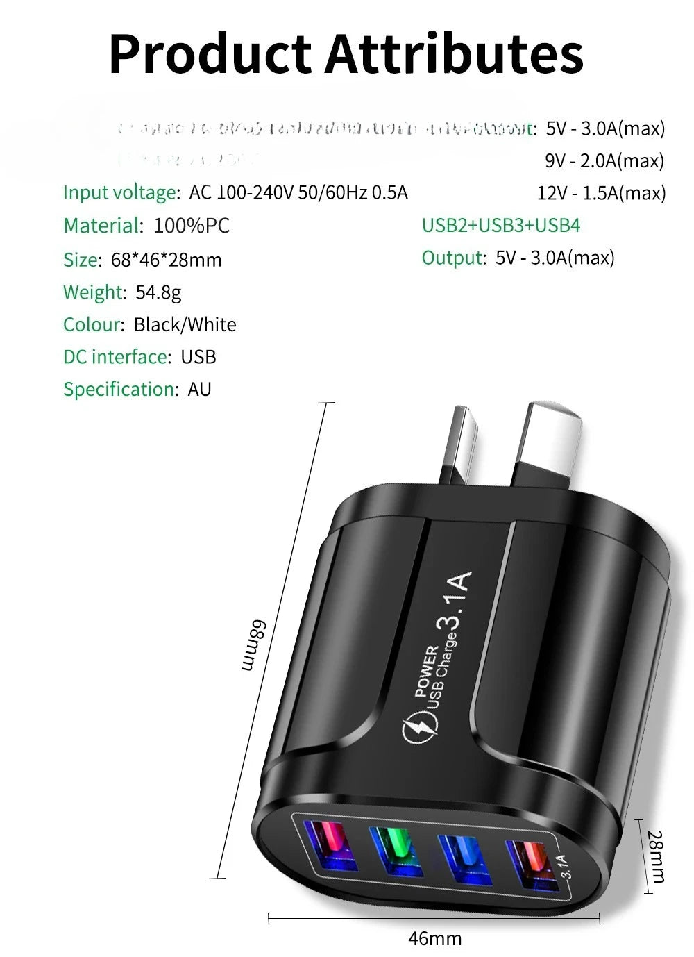 USB Fast Charger AU Plug Quick Charger Mobile 3.1A Multiple 4 Ports USB Travel Adapter Wall Charger