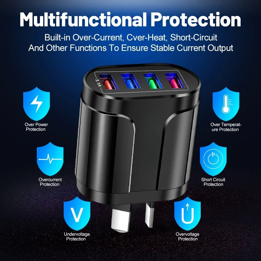 USB Fast Charger AU Plug Quick Charger Mobile 3.1A Multiple 4 Ports USB Travel Adapter Wall Charger