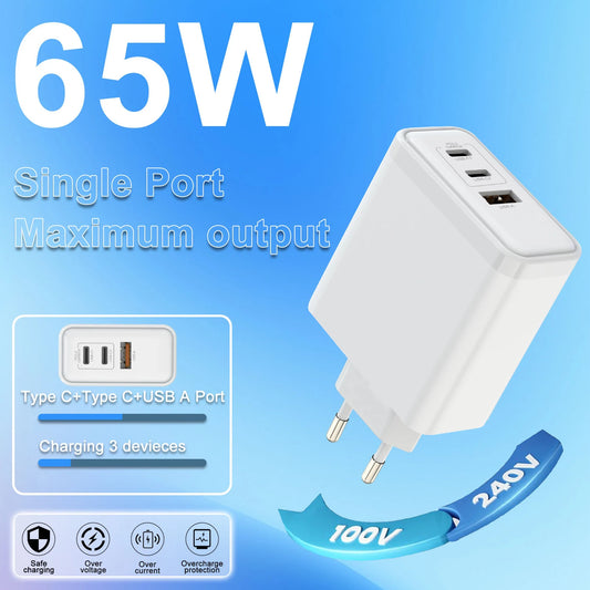 65W USB-C Compact Wall Charger, GaN Fast Charging Dual Ports Charger (USB A&Type-C) For Android QC3.0+PD Charger For IPhone 15