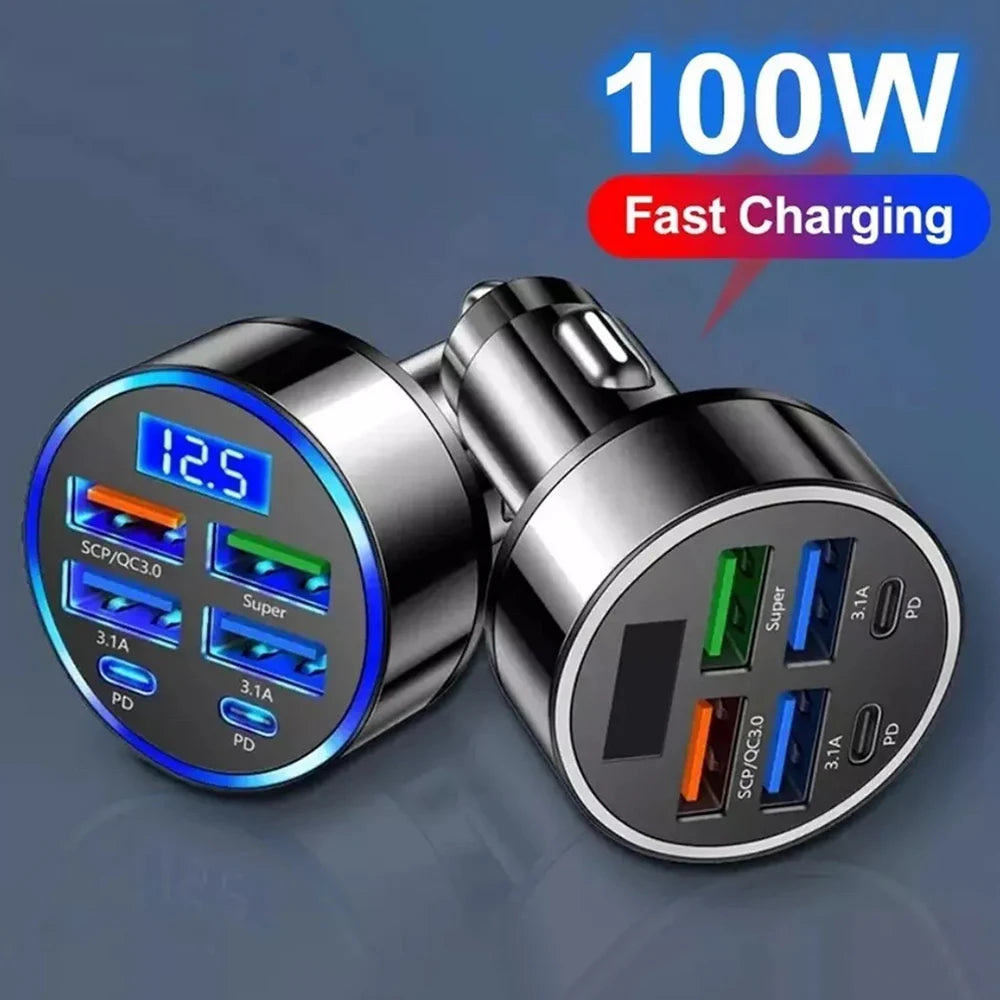 100W Super Fast 4-Port Car Charger for Mobile Phone High-Speed Vehicle Charging Station with Multiple Devices Charging Capacity