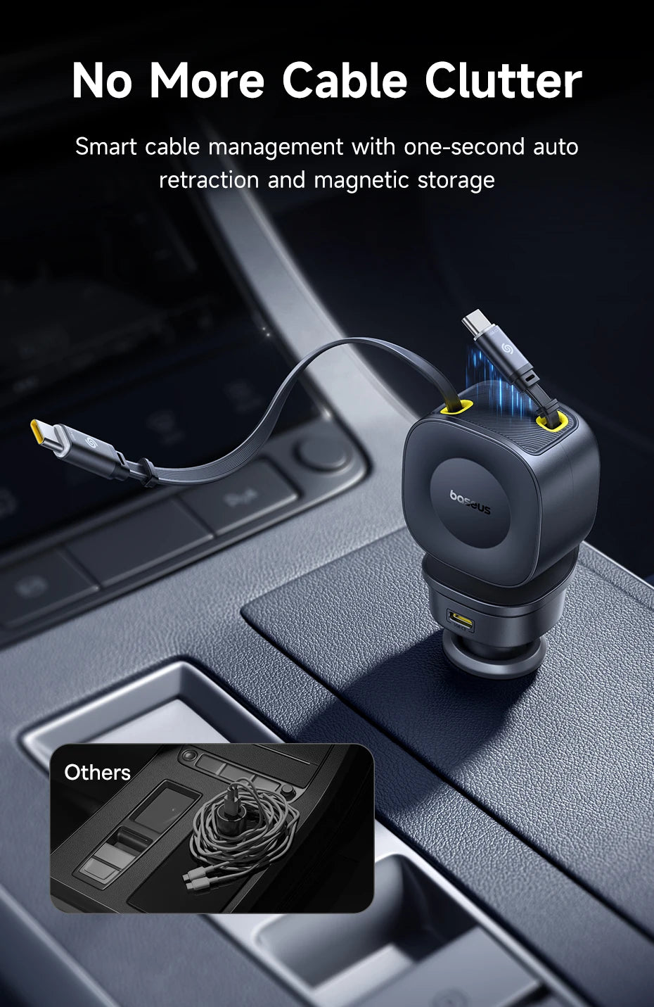 Baseus Car Charger 60W 100W 30W 240W 4 ports Built in Dual Retractable Cable PD Fast Charging USB Type-C Car Phone Charger