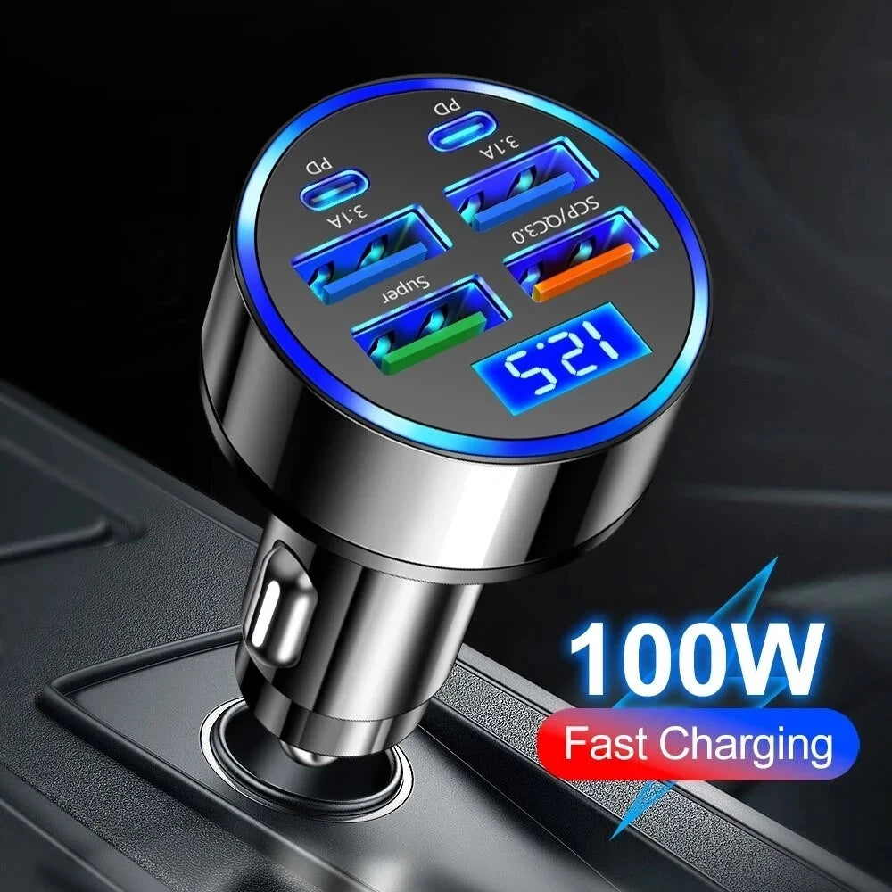 100W Super Fast 4-Port Car Charger for Mobile Phone High-Speed Vehicle Charging Station with Multiple Devices Charging Capacity