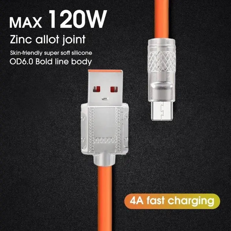 120W 6A Super Fast Android Charger Zinc Alloy Liquid Silicone Type C Charge Cable Universal Fast Charging Cable For Xiaomi OPPO