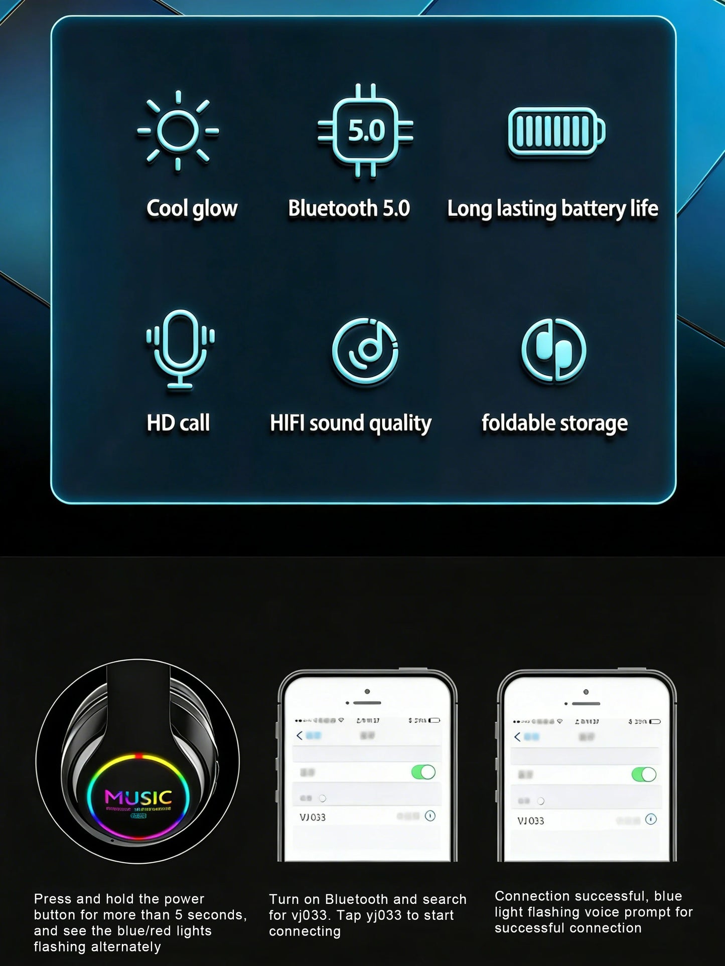 Wireless Bluetooth 5.0 Headphone With Microphone On-Ear Headset Stereo Sound Earphones Sports Office Foldable Headphones Game