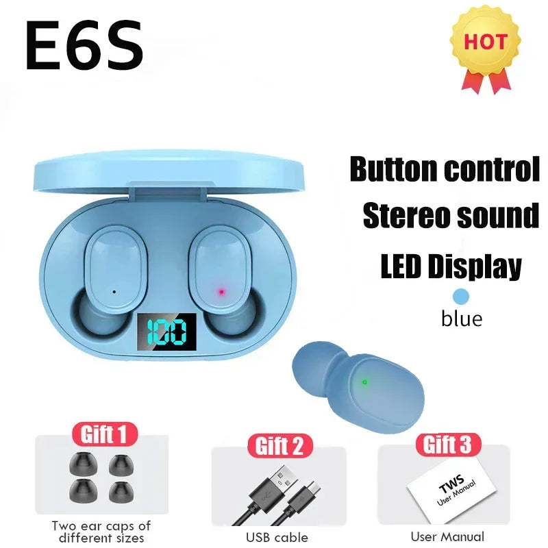 E6S wireless Bluetooth headphones with microphone noise cancellation LED display battery level music and sports headphones