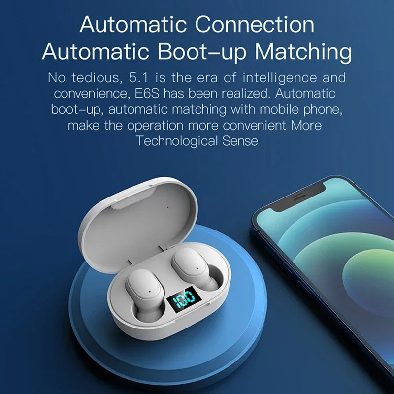E6S wireless Bluetooth headphones with microphone noise cancellation LED display battery level music and sports headphones